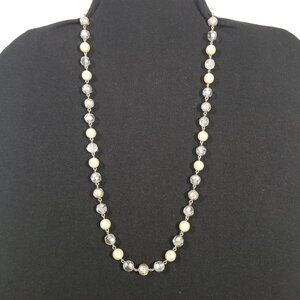 Crystals and Faux Pearls Rope Necklace with Silver Filigree Beads
